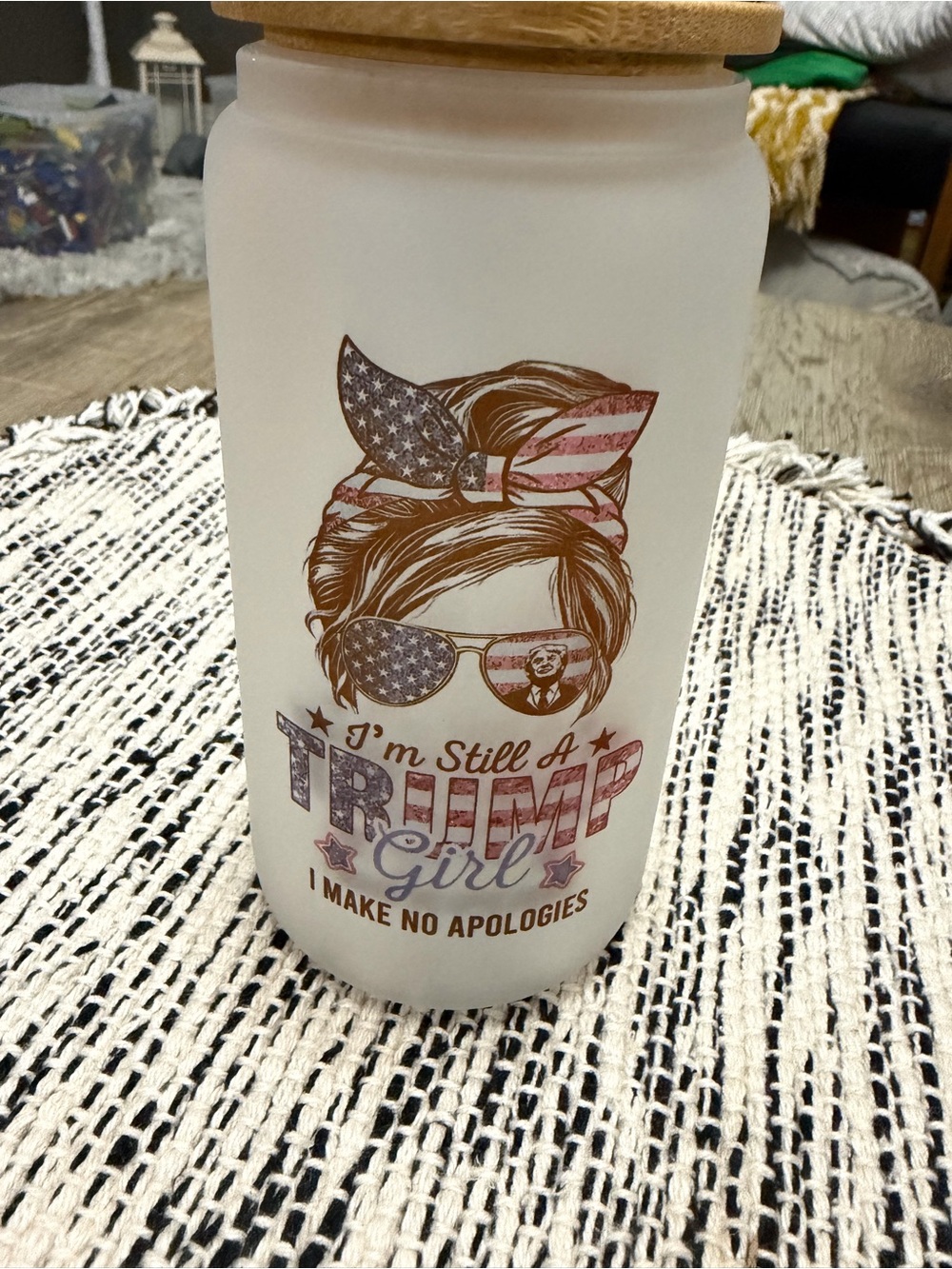 Trump Girl Patriotic Frosted Glass with Wooden Lid & Straw